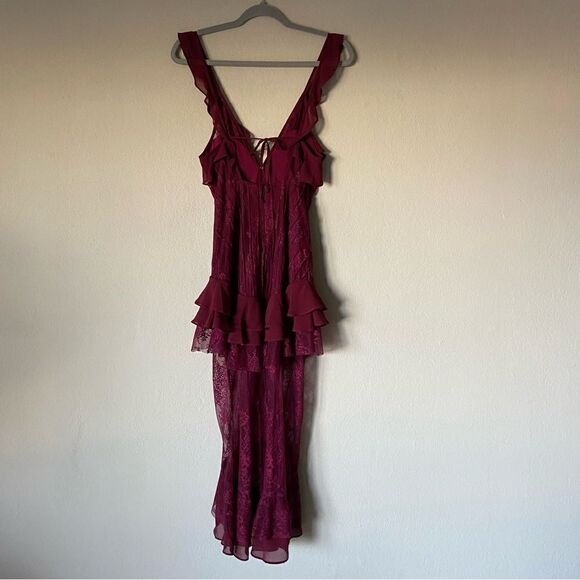 For Love and Lemons Daphne Midi Wine Red Dress  Lace Blouse Sheer Size XS - Picture 11 of 13